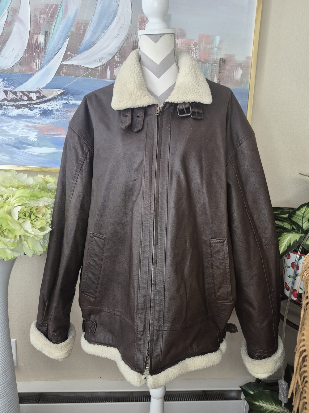 Paradox Dark Brown Leather Bomber Jacket with Cream Shearling Trim
